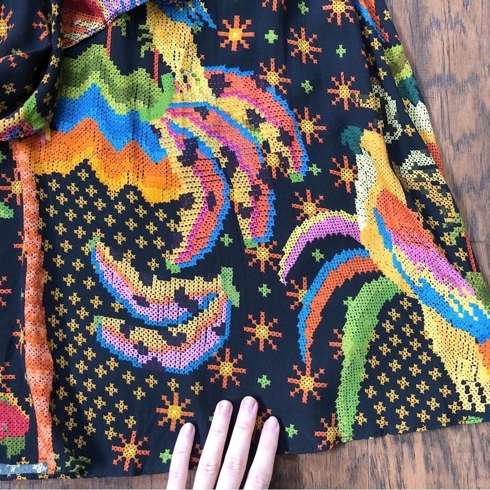 Farm Rio • Macaw Island Dress long sleeve maxi black cross stitch print - Picture 10 of 16